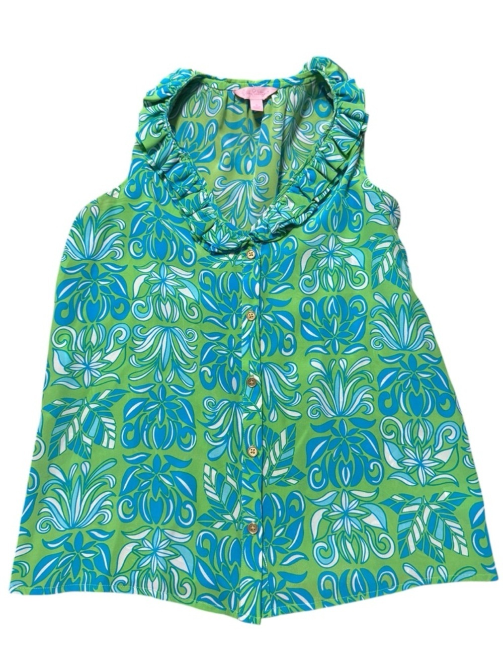 Lilly Pulitzer Ruffled Sleeveless Button Front Top in Green & Blue Floral Print